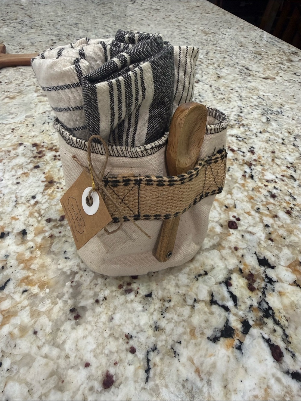 Mud Pie Black and Cream Striped Kitchen Towel Set with Canvas Holder